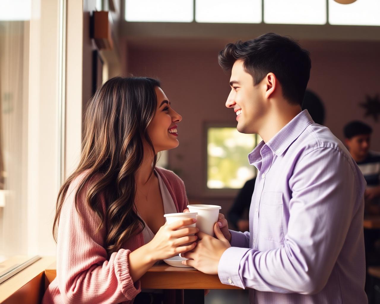 A couple smiling on a coffee date introduced through TribeVibe