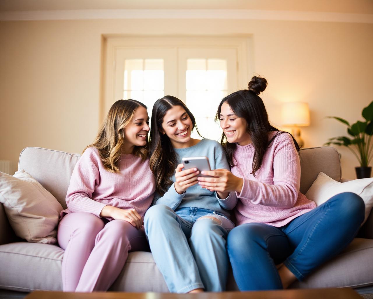Three friends laughing together while looking at TribeVibe on a phone